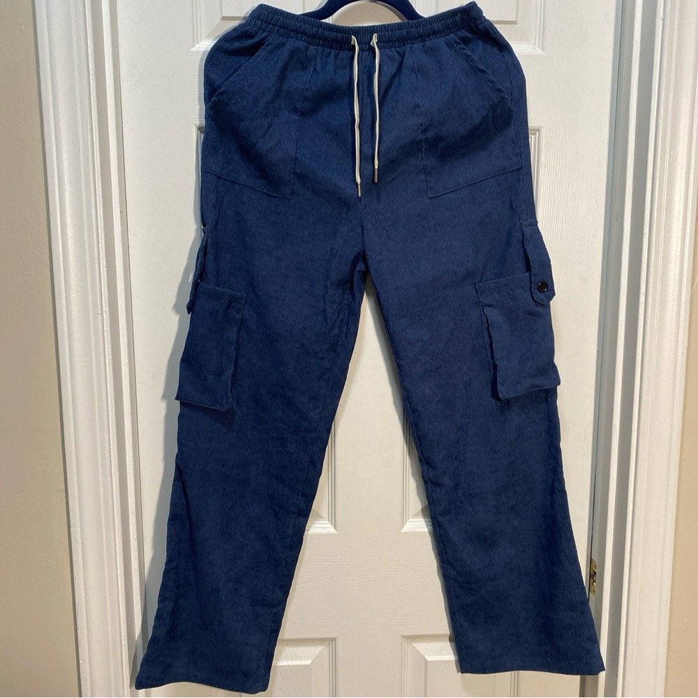 Dokotoo Boys 14 Blue Corduroy Cargo Pants Drawstring Elastic Waist Straight Leg